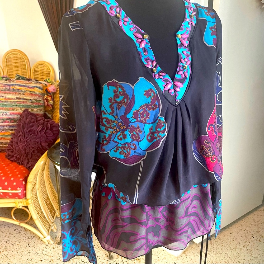 Hale Bob Black and Blue Floral Blouse
